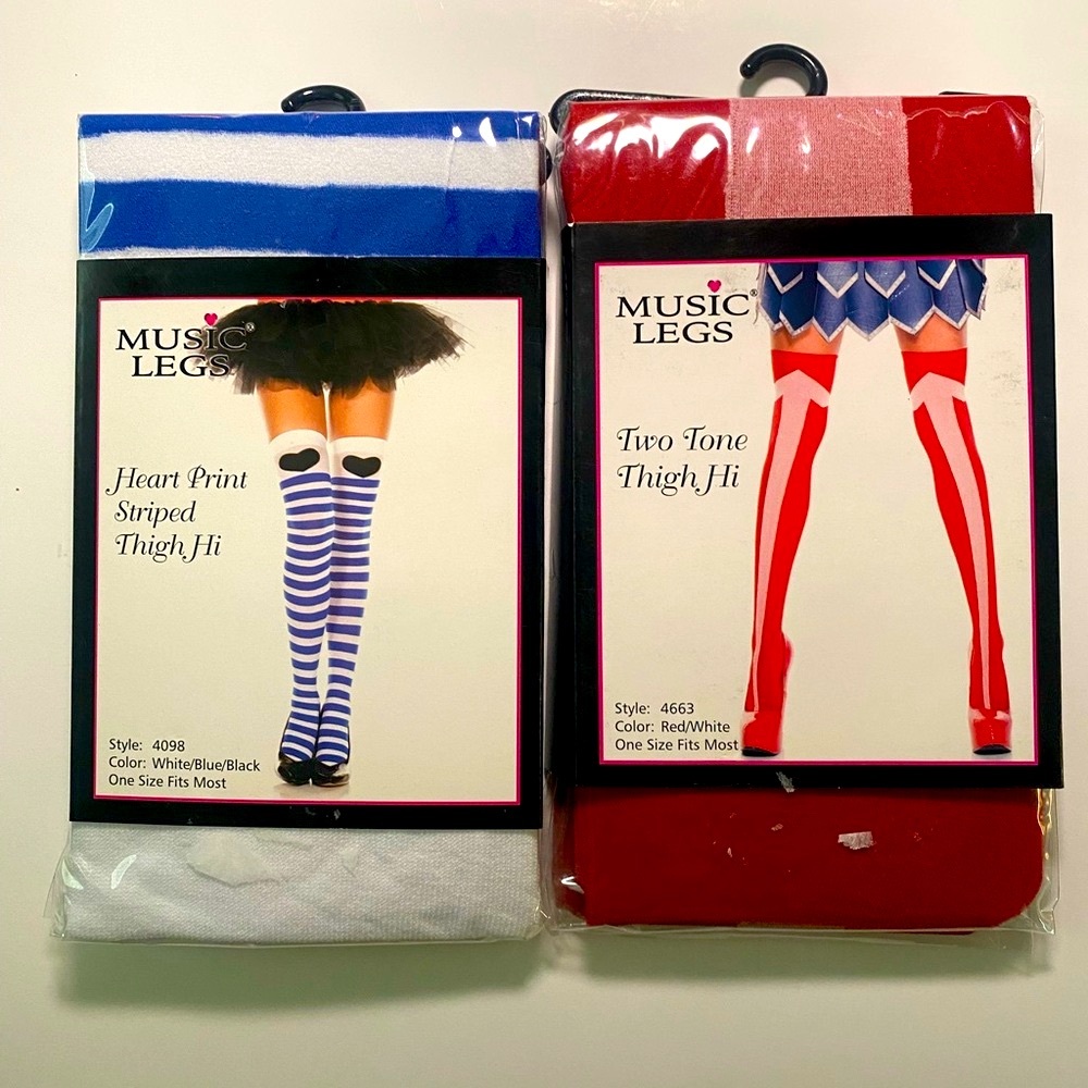 Music Legs Two Tone and Heart Print Thigh High Socks - Red, White, Blue